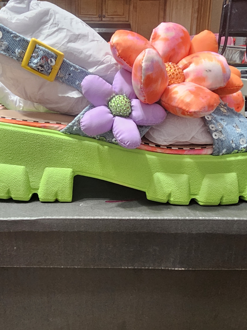 Betsey Johnson Neon Green Platform Sandals with Orange & Purple Floral Accents